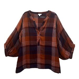 Garnet Hill Plaid Sz 18 Boho Peasant Blouse Organic Cotton Tunic 3/4 Sleeve